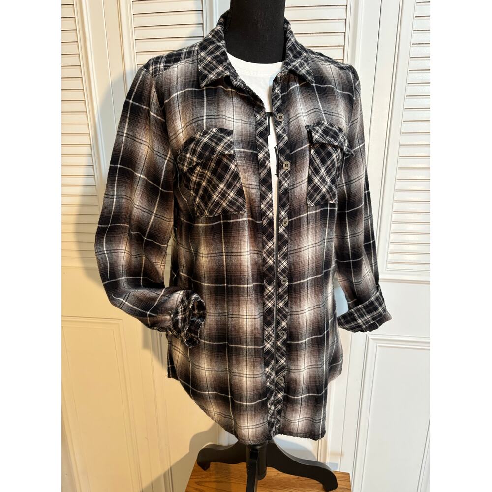 RUFF HEWN Wm M Fitted Button-Up Tunic-Length Alternating Plaid Flannel Poplin